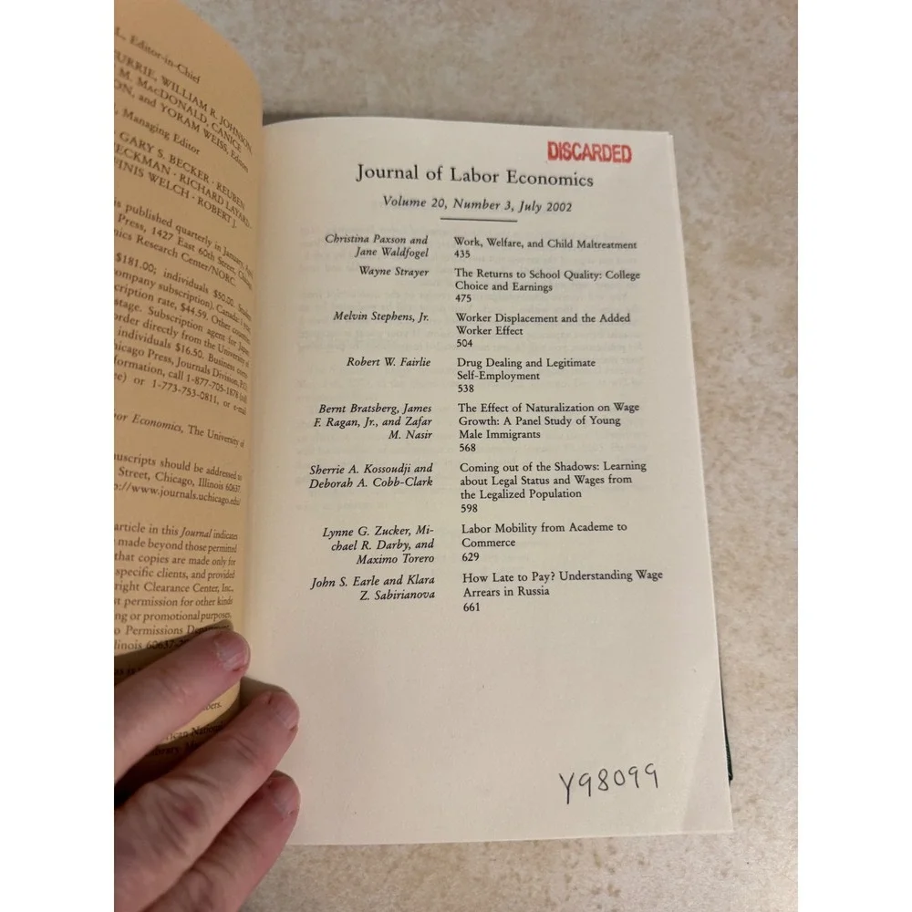 Journal of Labor Economics Vol 20 No 3-4 2002 Hardcover University Chicago Press
